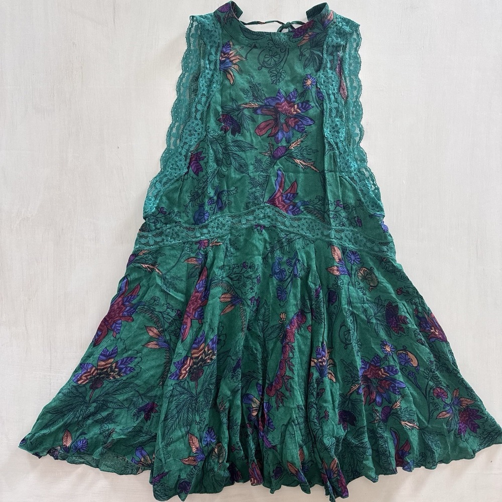 Free People Intimately She Moves Chemise Slip Dress XS Green Floral Lace Tie - Picture 1 of 16